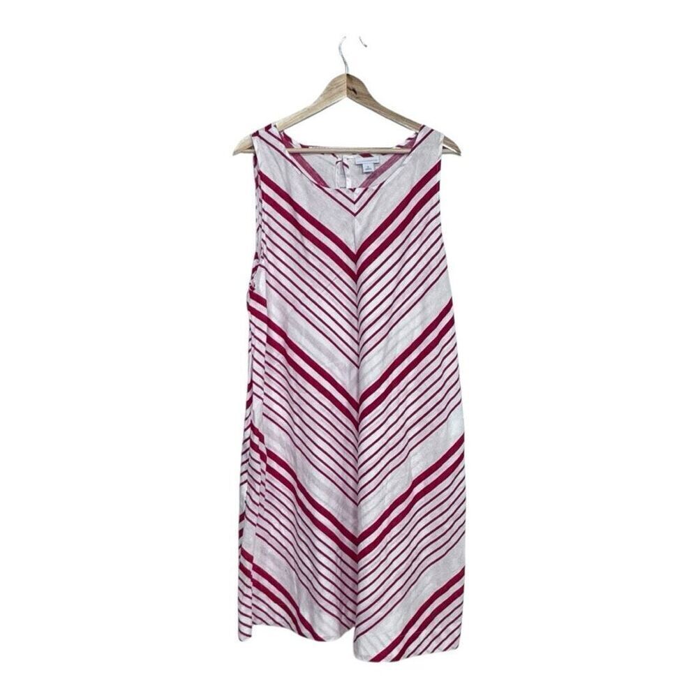 Red and white striped midi dress with V-neckline, side slits, and elastic waistb
